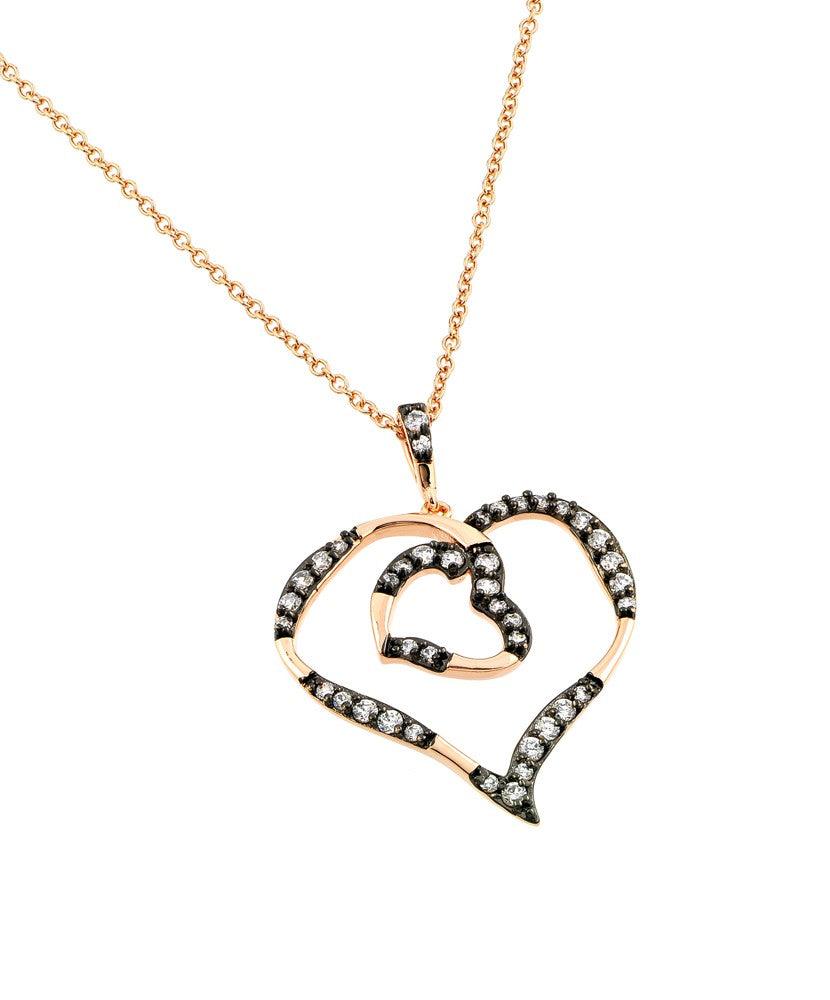 Silver 925 Rhodium and Black Rhodium Plated Clear CZ Open Heart with Inner Open Heart Pendant Necklace - BGP00832RGP