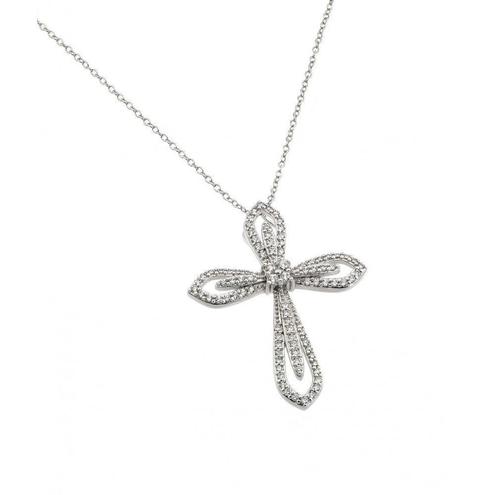 Silver 925 Rhodium Plated Clear CZ at Center Open Cross Pendant Necklace - BGP00836