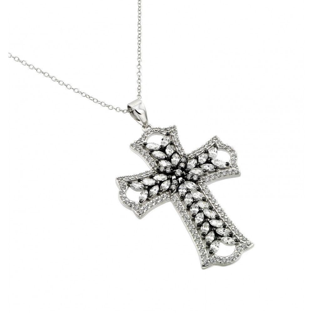 Silver 925 Rhodium Plated Clear CZ Stone Cross in Black Setting Pendant Necklace - BGP00843CLR