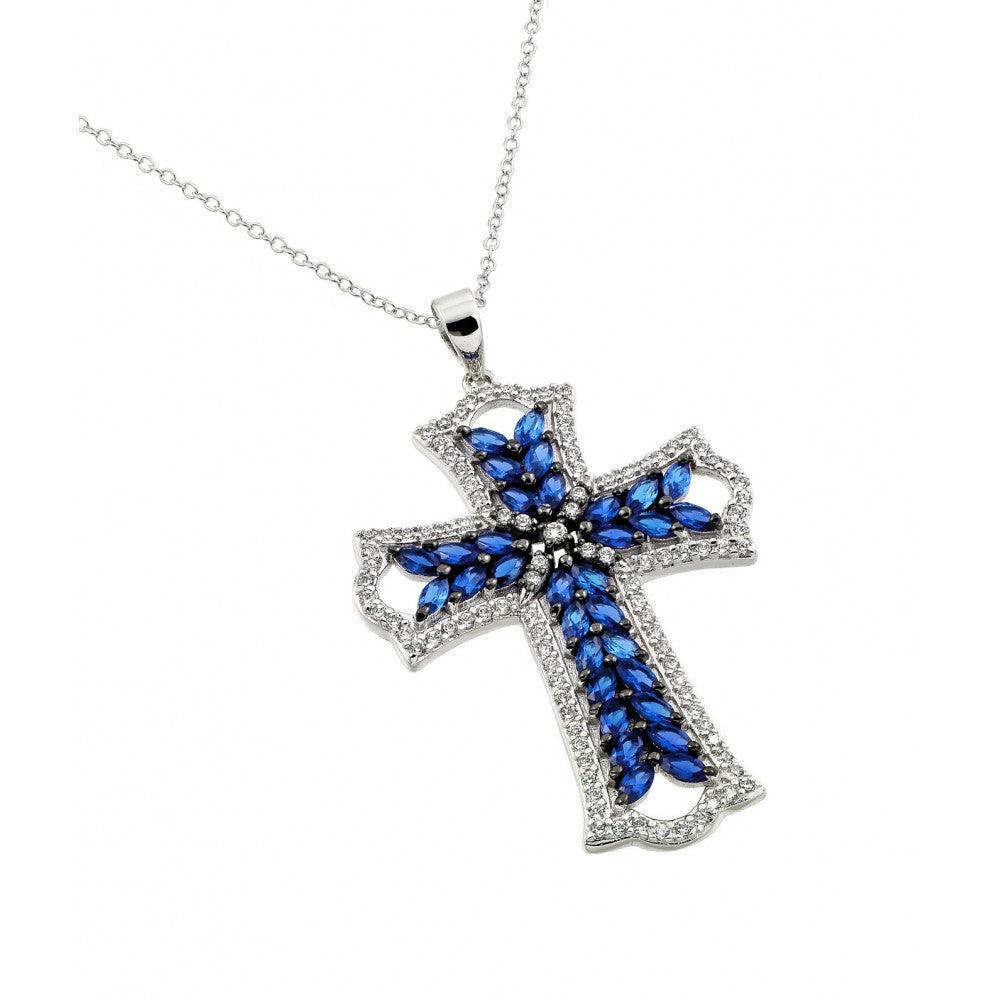 Silver 925 Rhodium Plated Clear and Blue CZ Stone Cross in Black Setting Pendant Necklace - BGP00843B