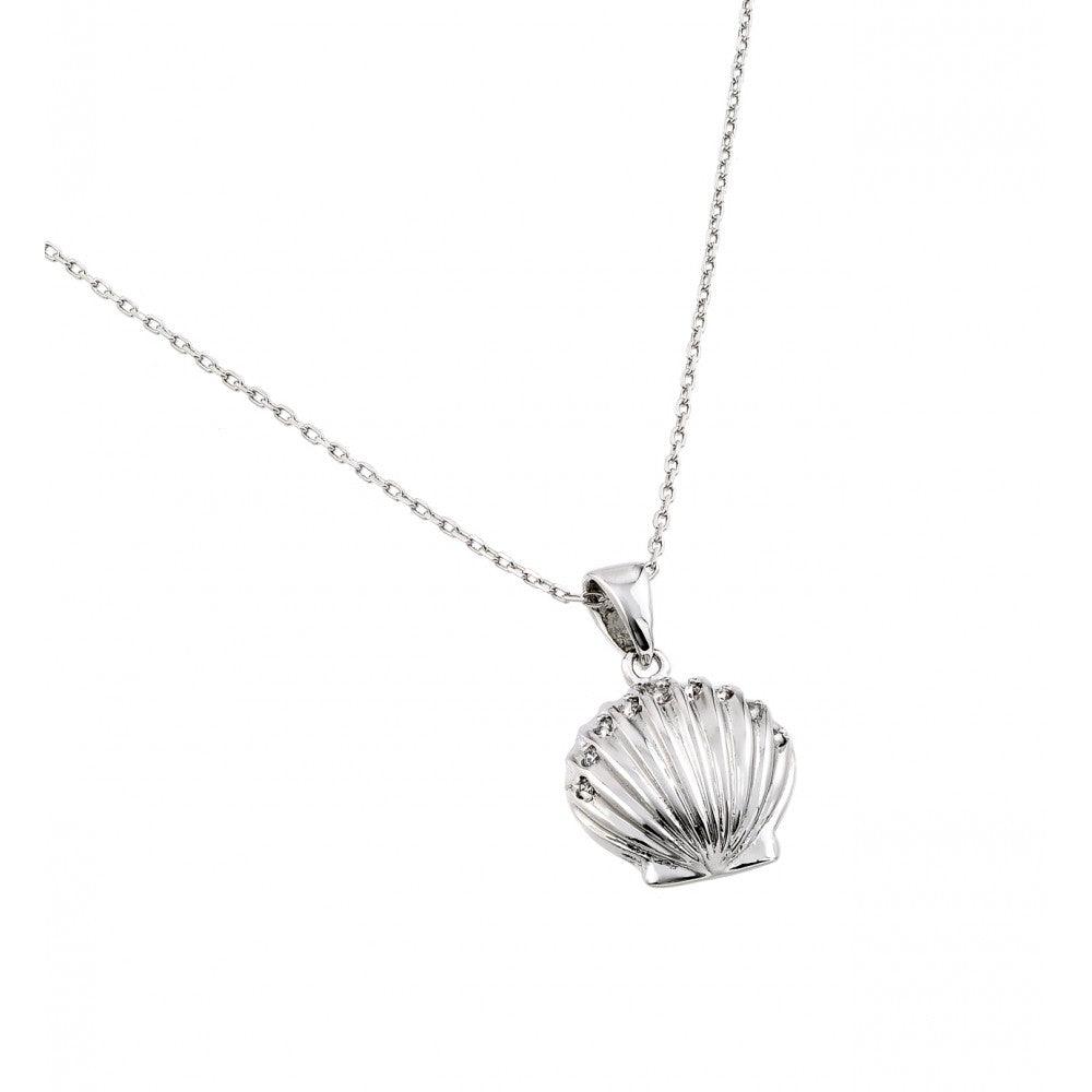 Silver 925 Rhodium Plated Clear CZ Stone Clam Shell Pendant Necklace - BGP00848