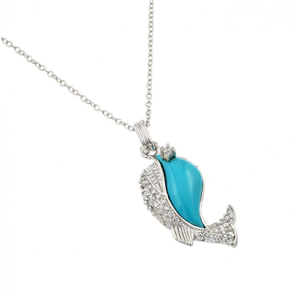 Silver 925 Rhodium Plated Clear CZ Stone Turquoise Blue Whale Pendant Necklace - BGP00855TQ