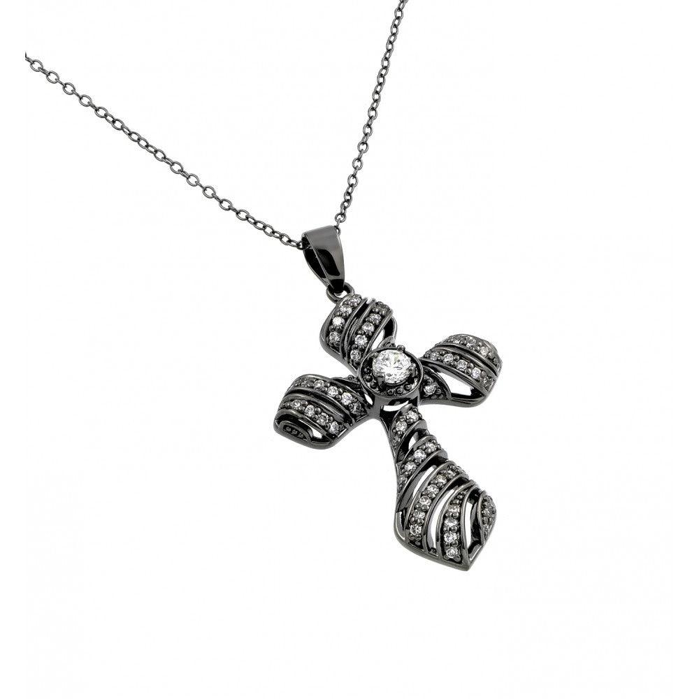 Silver 925 Black Rhodium Plated Clear CZ Stone Cross Pendant Necklace - BGP00859