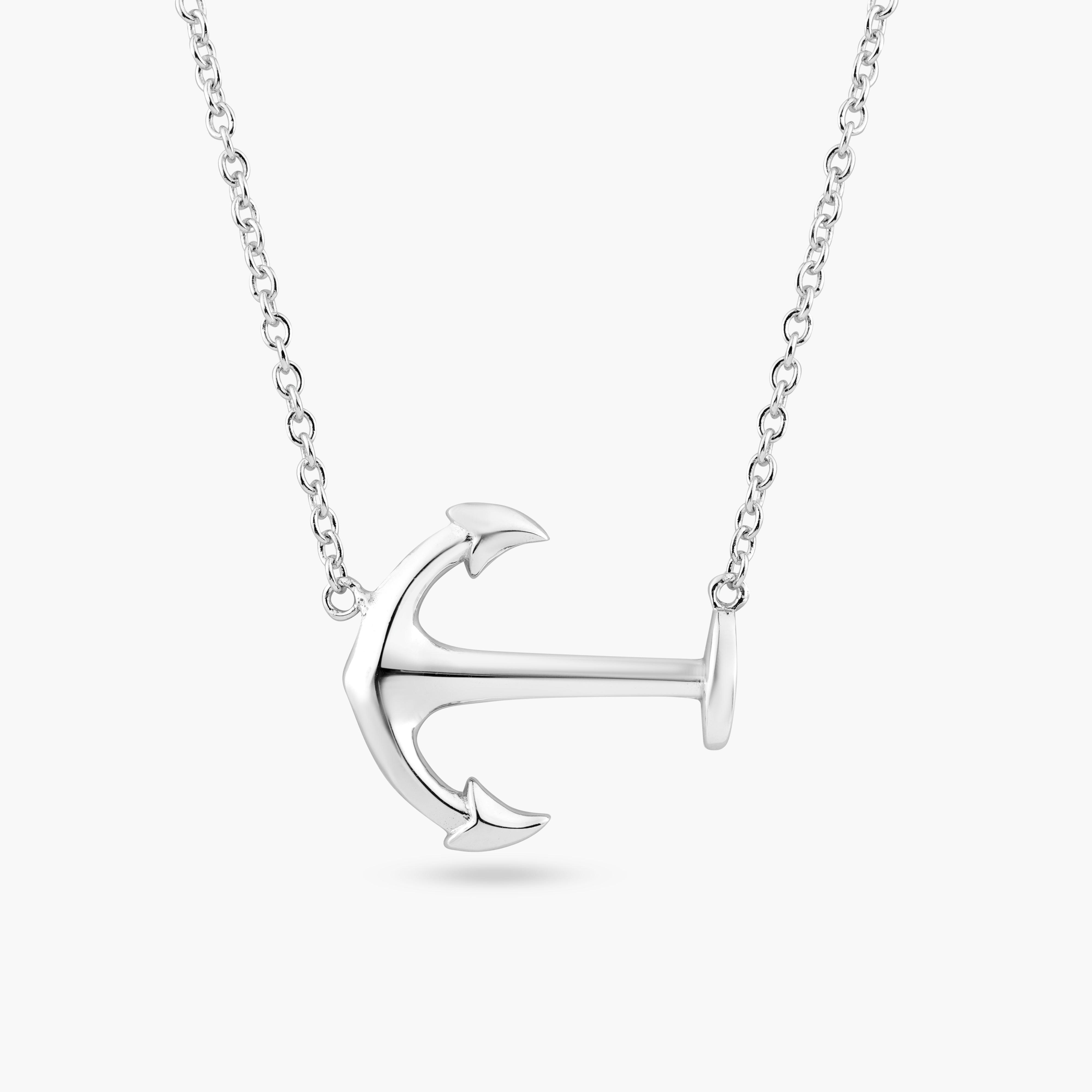 Silver 925 Rhodium Plated Solid Sideways Anchor Pendant Necklace - BGP00880