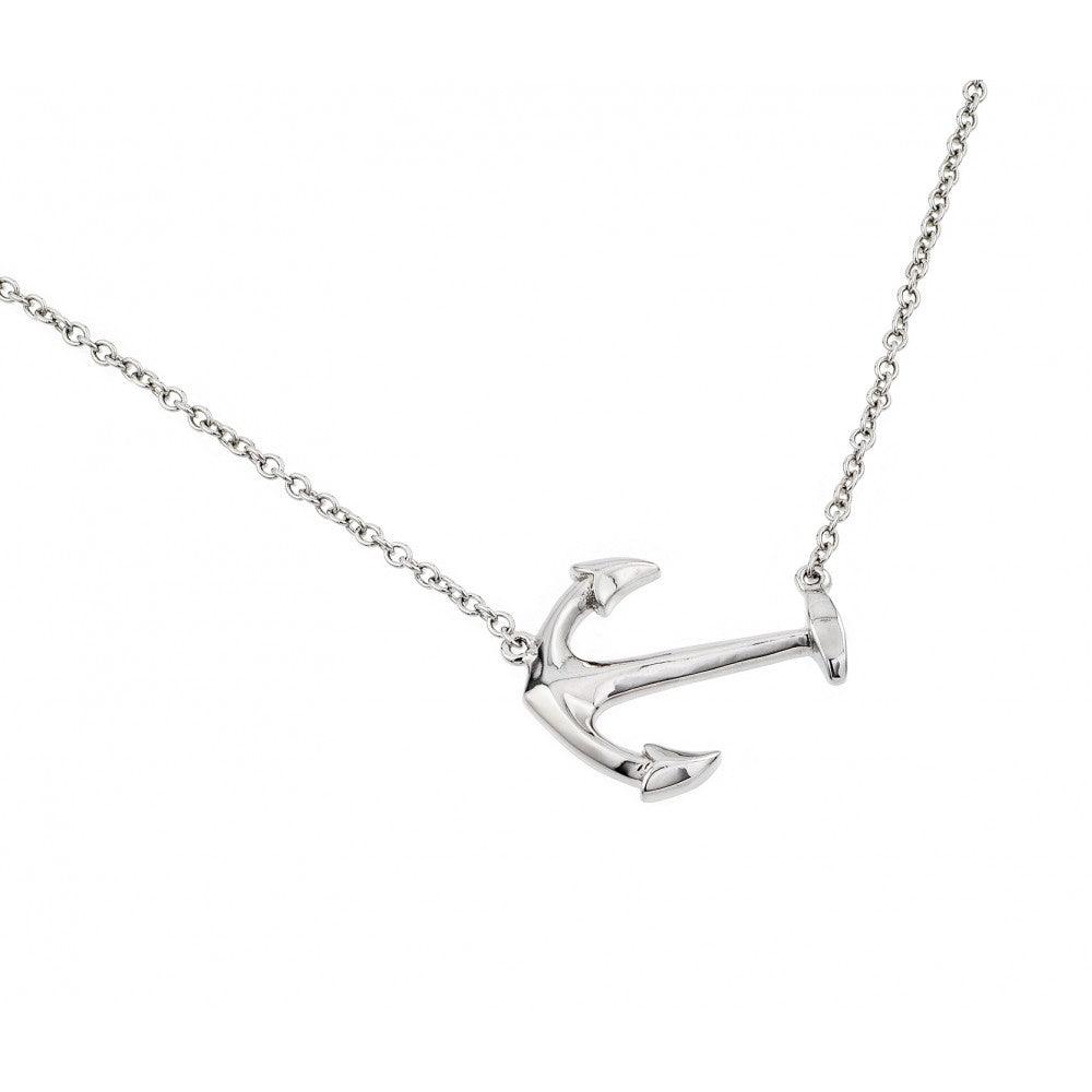 Silver 925 Rhodium Plated Solid Sideways Anchor Pendant Necklace - BGP00880