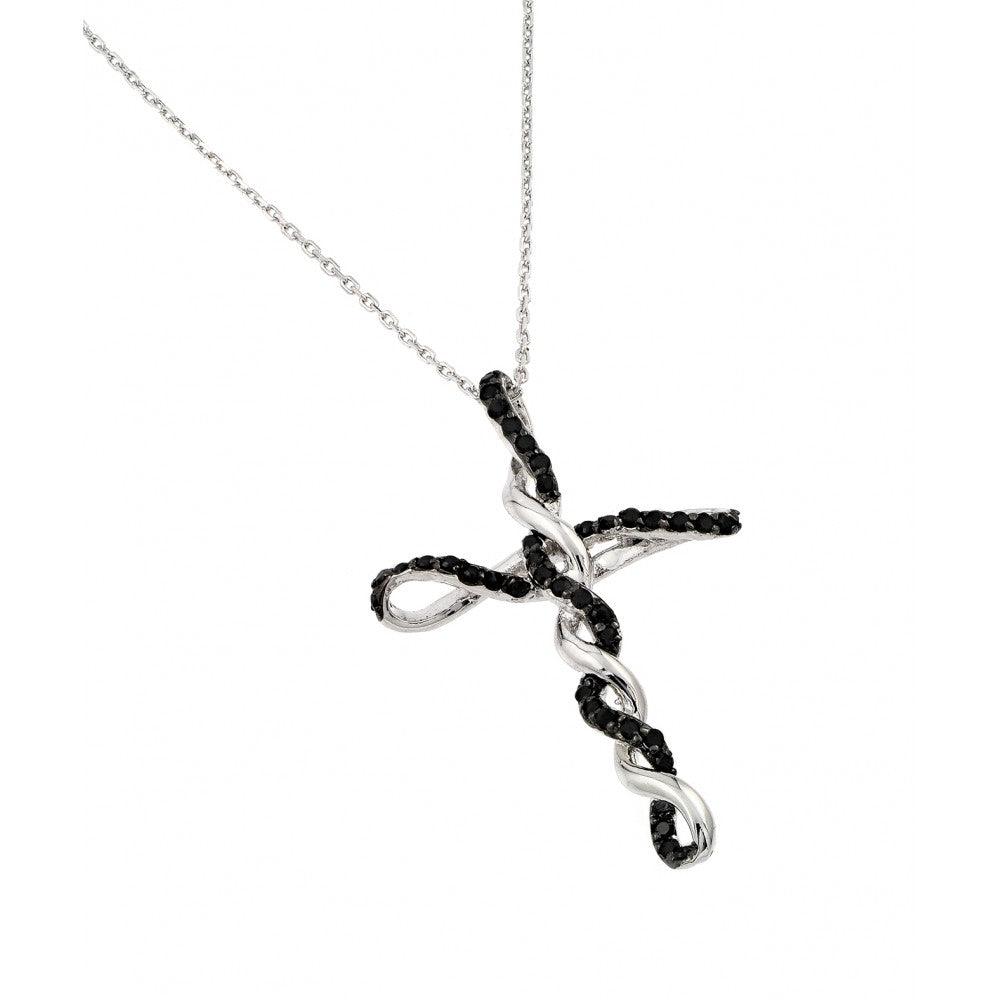 Silver 925 Rhodium Plated Black CZ Twisted Cross Pendant Necklace - BGP00882