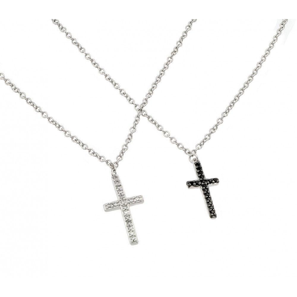 Silver 925 Rhodium Plated Cross with Clear or Black CZ Stones Pendant Necklace - BGP00885