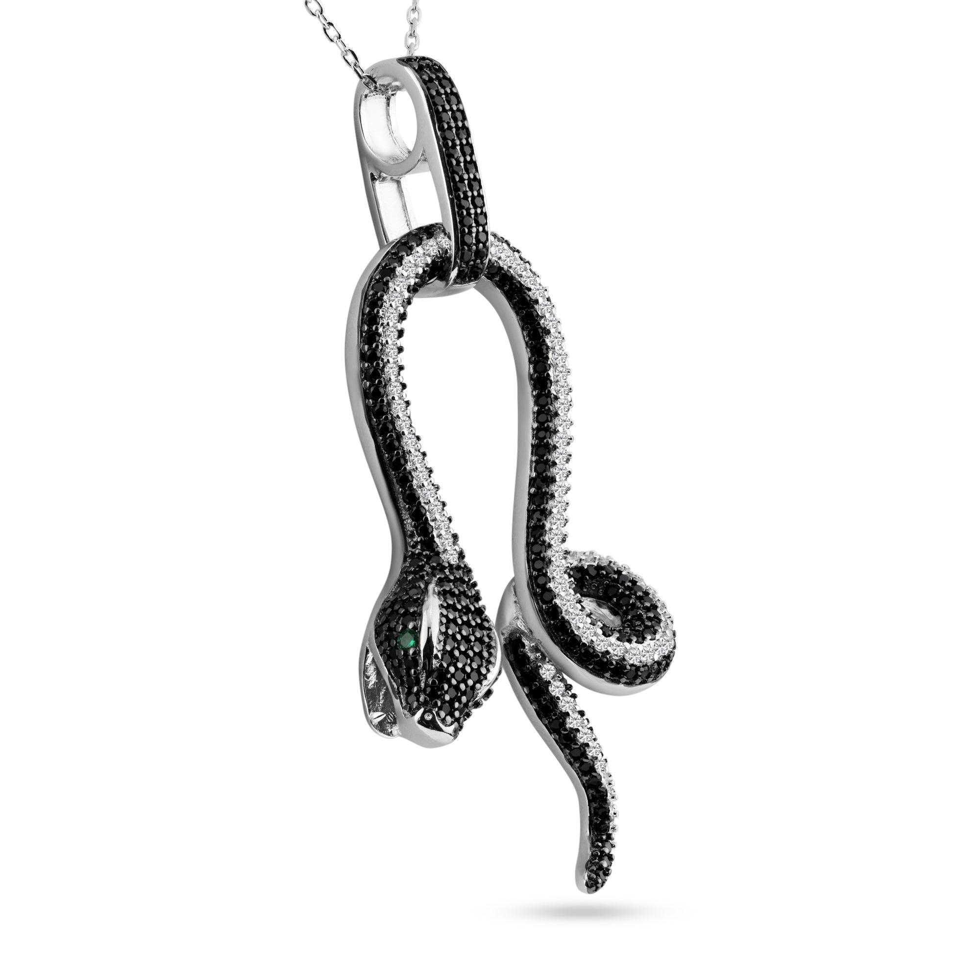 Rhodium Plated 925 Sterling Silver Snake Black and Clear CZ Stone Pendant Necklace - BGP00893