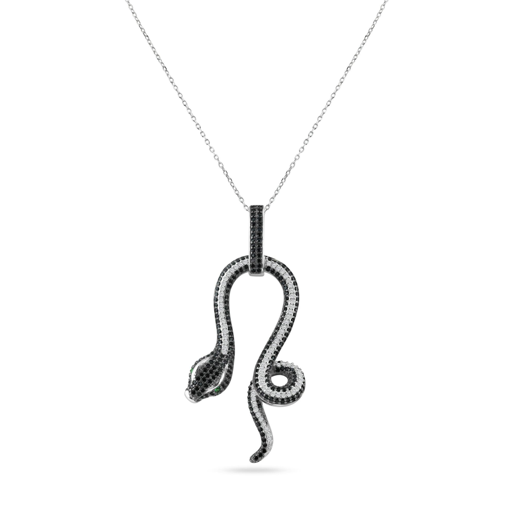 Rhodium Plated 925 Sterling Silver Snake Black and Clear CZ Stone Pendant Necklace - BGP00893