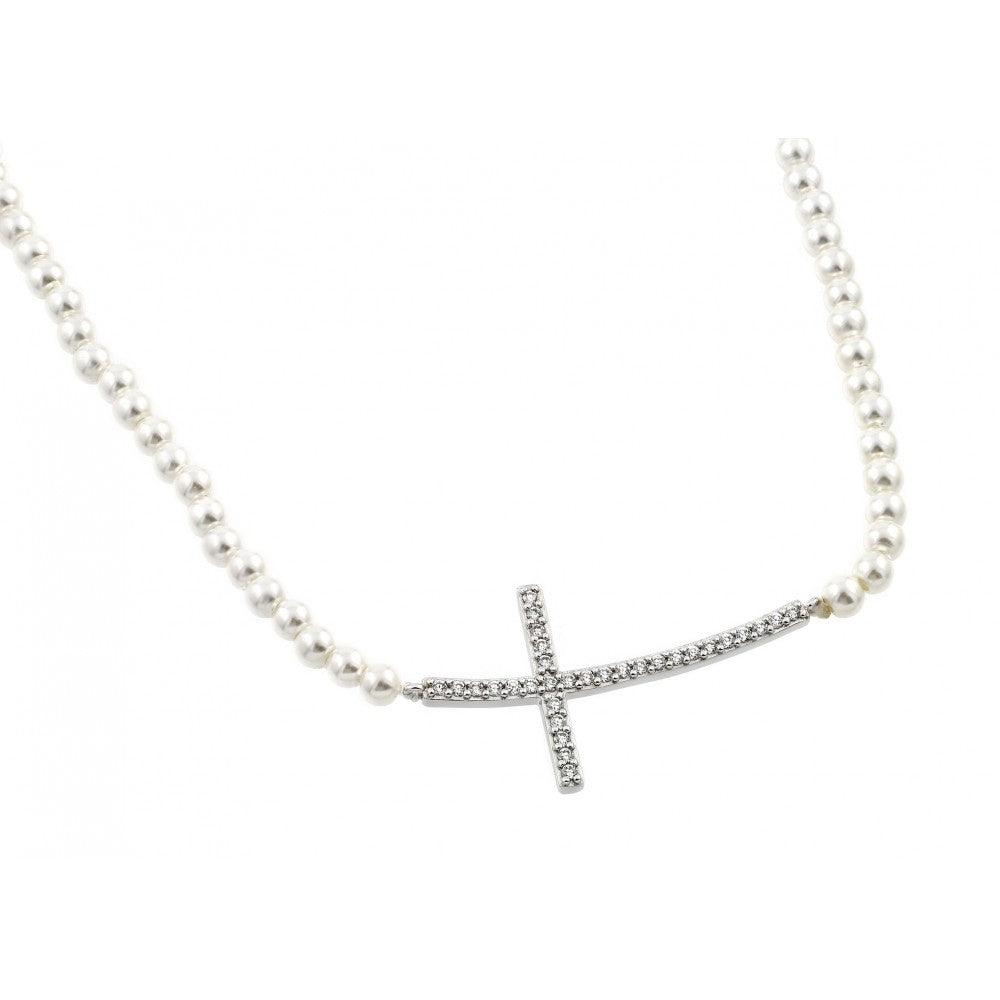 Silver 925 Rhodium Plated CZ Cross Pendant with Synthetic Pearl Chain Necklace - BGP00899WHT