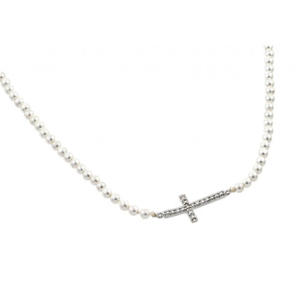 Silver 925 Rhodium Plated Clear CZ Horizontal Cross Pendant on Synthetic Pearl Necklace - BGP00900