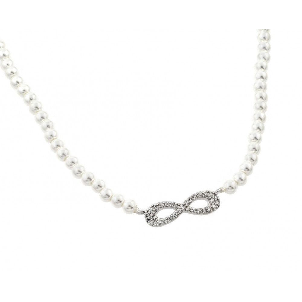 Silver 925 Rhodium Plated Clear CZ Infinity Pendant on Synthetic Pearl Necklace - BGP00903