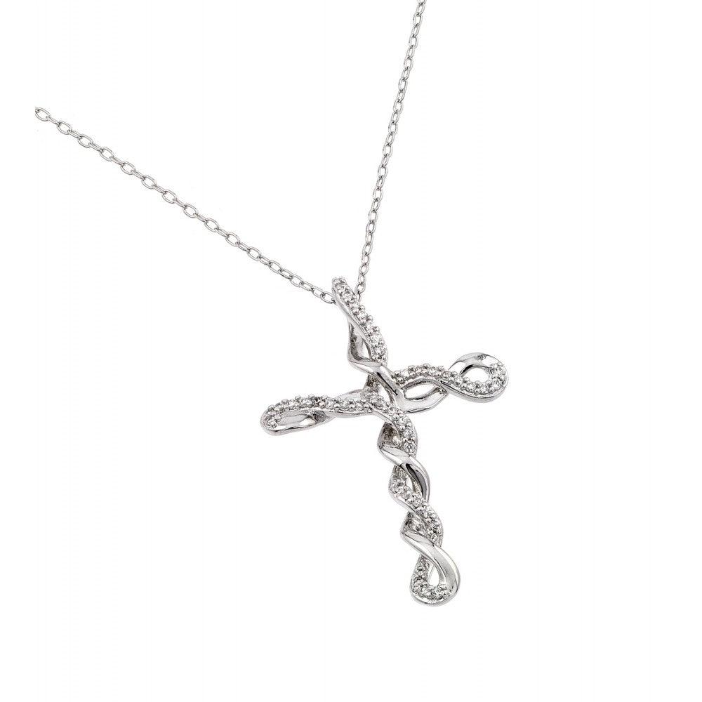 Silver 925 Rhodium Plated Clear CZ Tied Cross Pendant Necklace - BGP00907