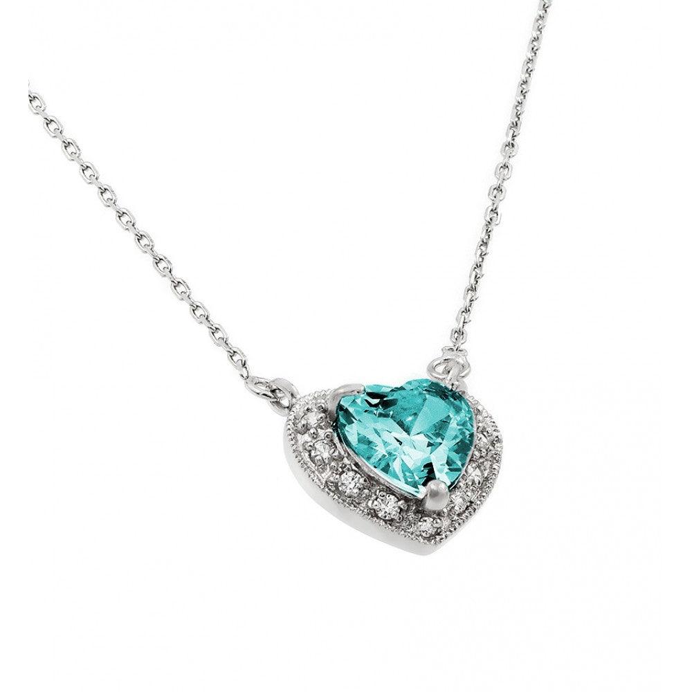 Rhodium Plated 925 Sterling Silver CZ Heart March Birthstone Necklace - BGP00911MAR