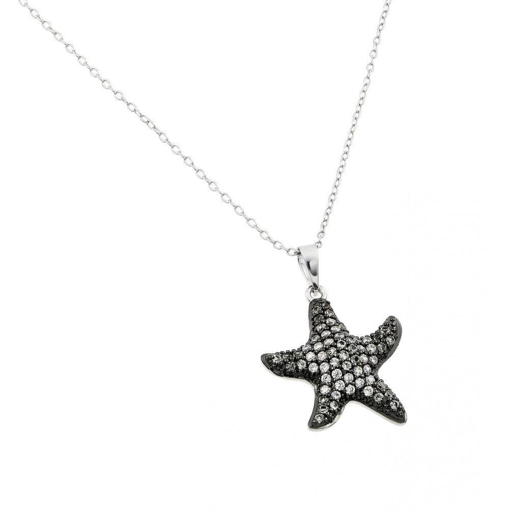 Silver 925 Black Rhodium Plated Clear CZ Star Fish Pendant Necklace - BGP00919