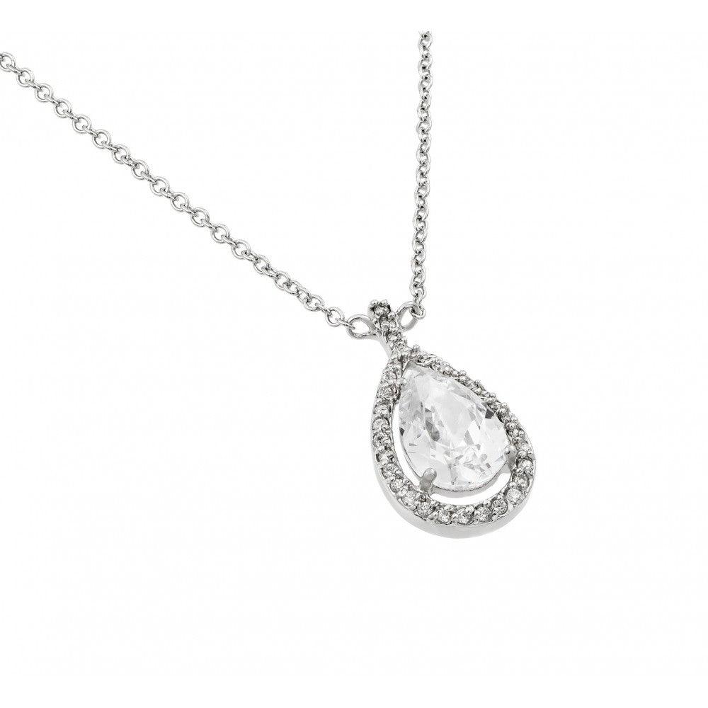 Silver 925 Rhodium Plated Clear CZ Drop Shape Pendant Necklace - BGP00922