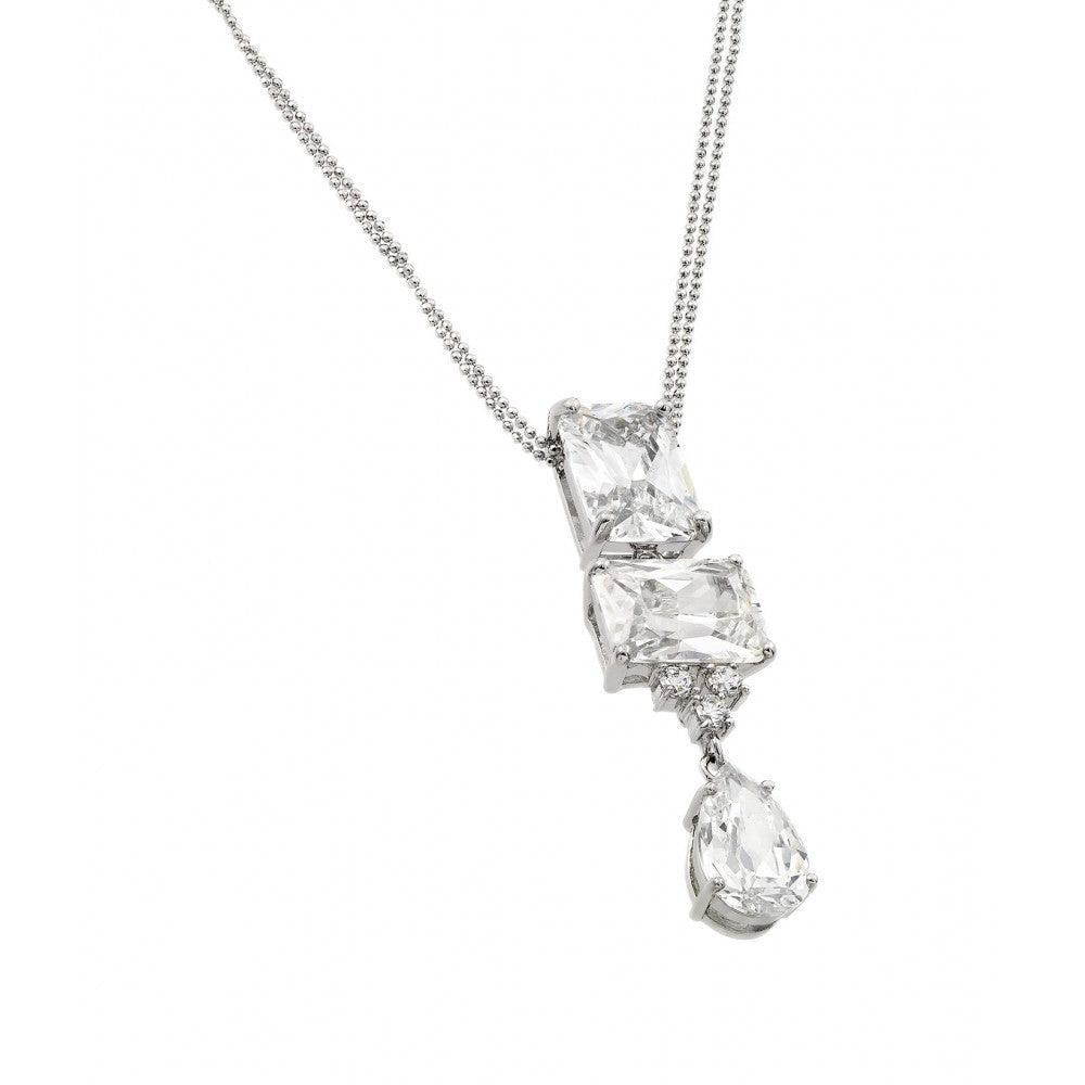 Silver 925 Rhodium Plated Clear CZ Rectangular and Drop Shape Pendant Necklace - BGP00924