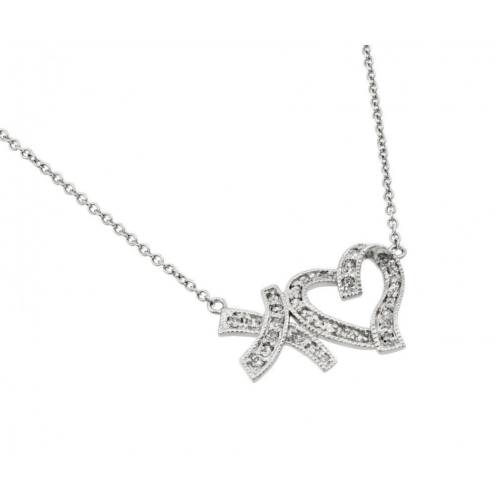 Silver 925 Rhodium Plated Clear CZ XO Heart Pendant Necklace - BGP00928