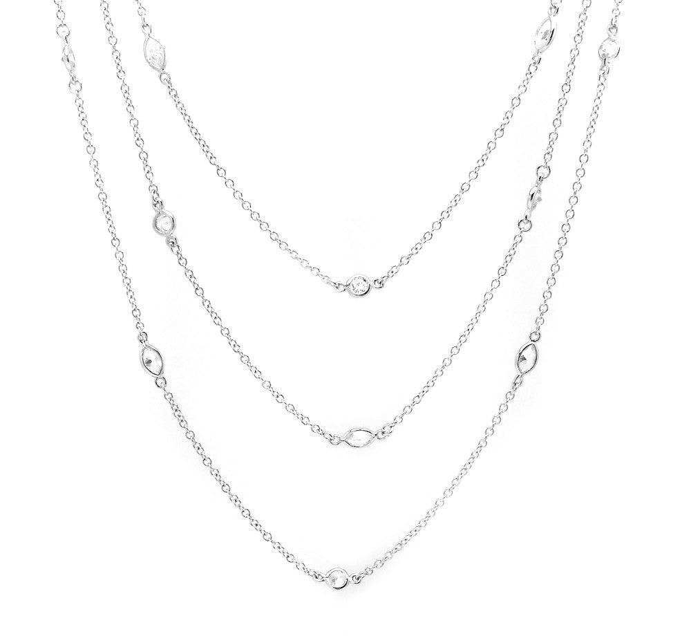 Silver 925 Rhodium Plated Round and Marquise Clear CZ 3 Row Necklace - BGP00929