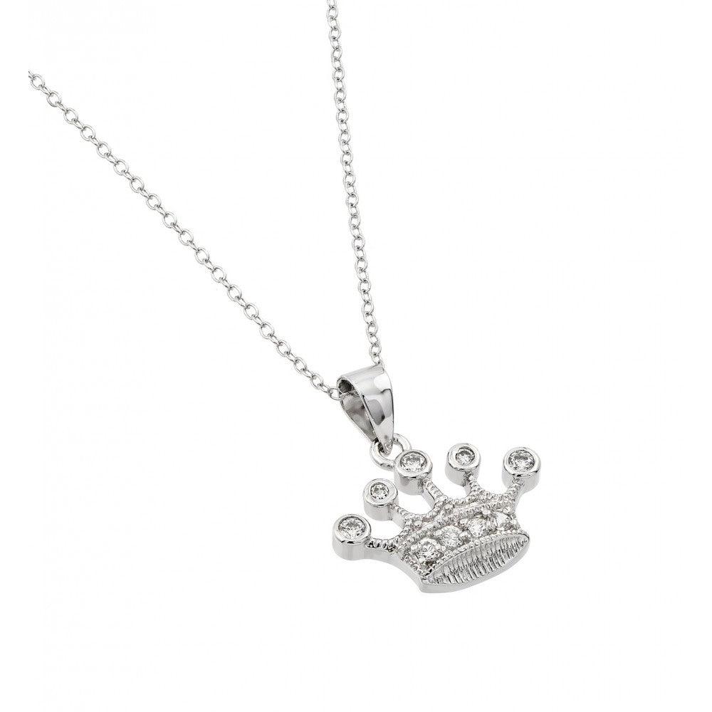 Silver 925 Rhodium Plated Clear CZ King's Crown Pendant Necklace - BGP00935