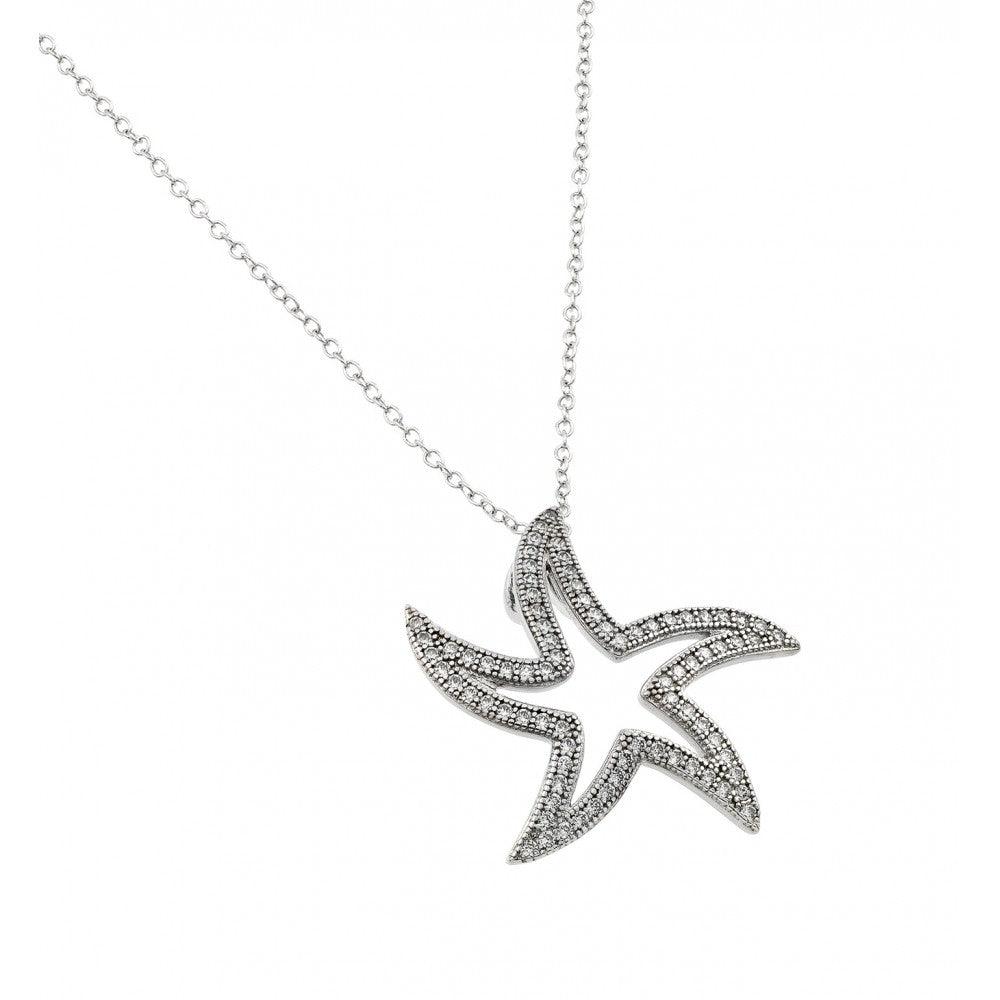 Silver 925 Rhodium Plated Open Curvy Star CZ Necklace - BGP00940