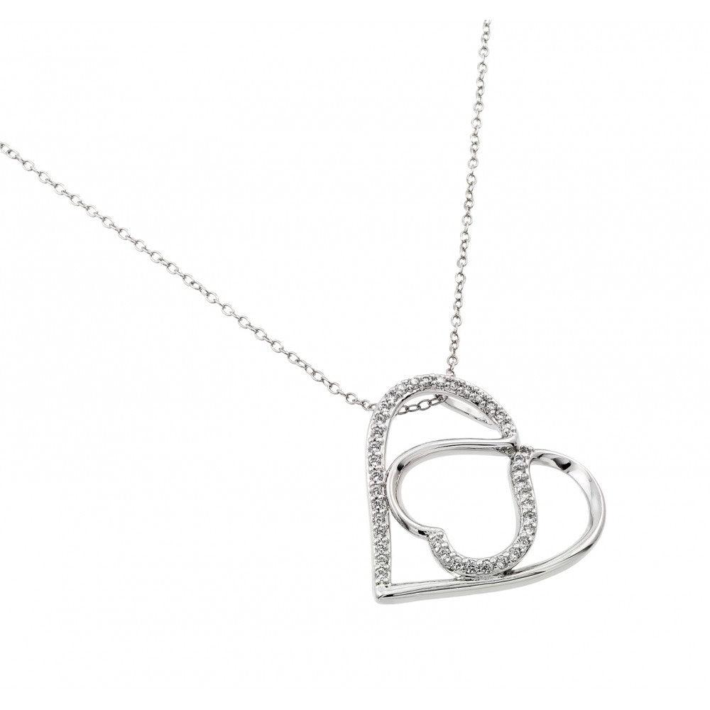 Silver 925 Rhodium Plated Clear CZ Outer and Inner Heart Pendant Necklace - BGP00942