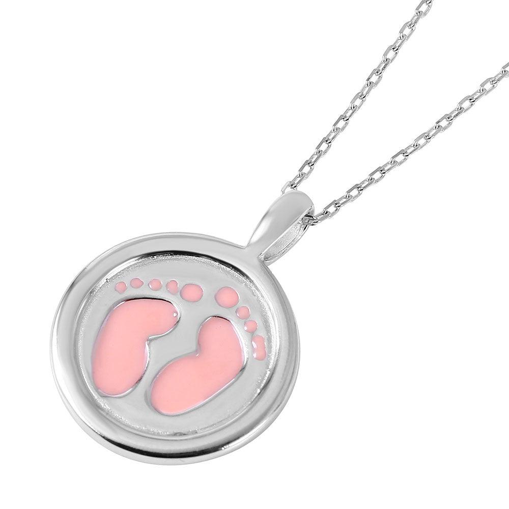 Silver 925 Rhodium Plated Disc Pink Enamel Foot Print Designed Necklace - BGP00952PNK