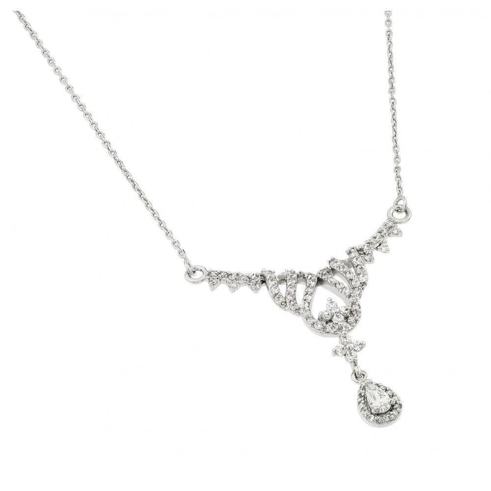 Silver 925 Rhodium Plated Clear CZ Pear Shape and Cross Pendant Necklace - BGP00954