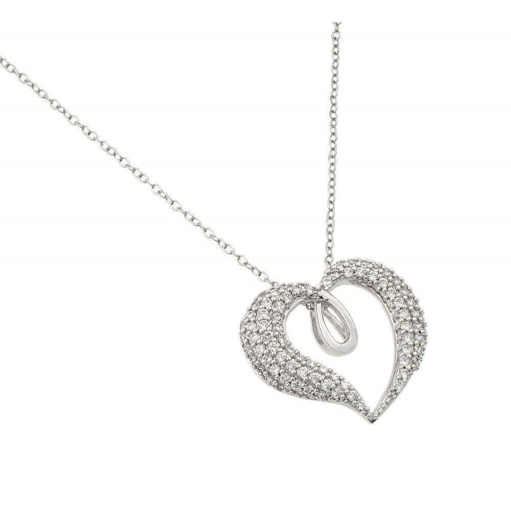 Silver 925 Rhodium Plated Clear CZ Thick Heart Pendant Necklace - BGP00961