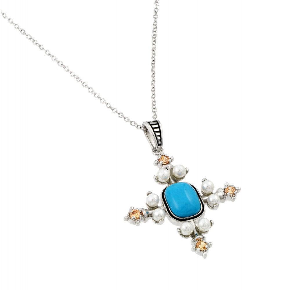 Silver 925 Rhodium Plated Blue Stone Square Cross Pearl Pendant Necklace - BGP00966