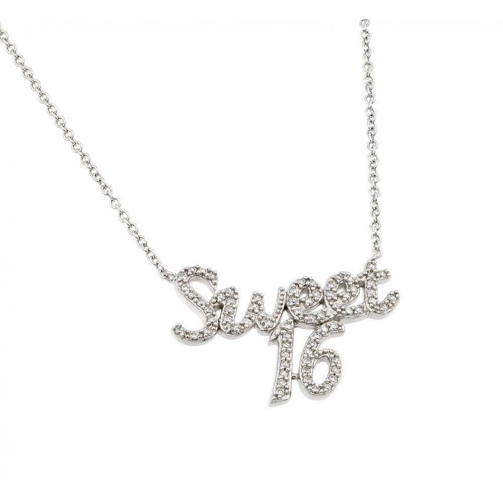 Silver 925 Rhodium Plated Clear CZ Sweet 16 Pendant Necklace - BGP00968