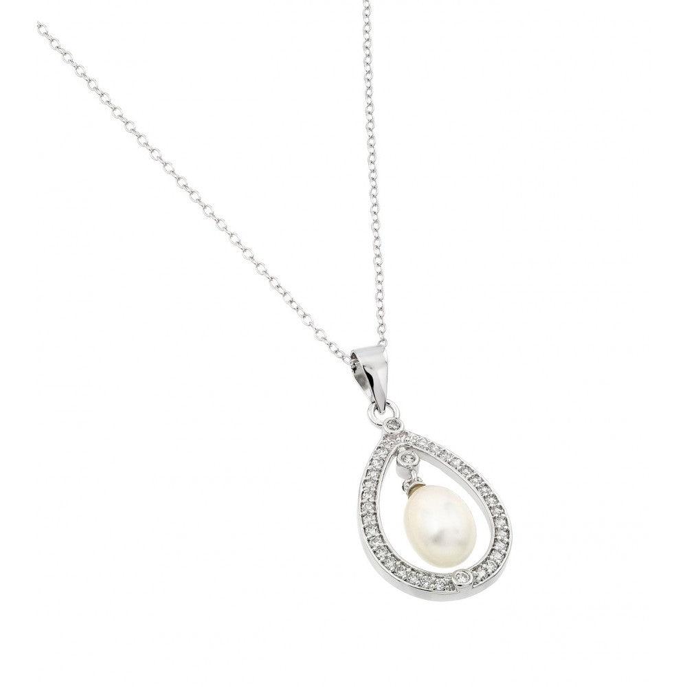 Silver 925 Rhodium Plated Fresh Water Pearl Surrounded by Clear CZ Pendant Necklace - BGP00974