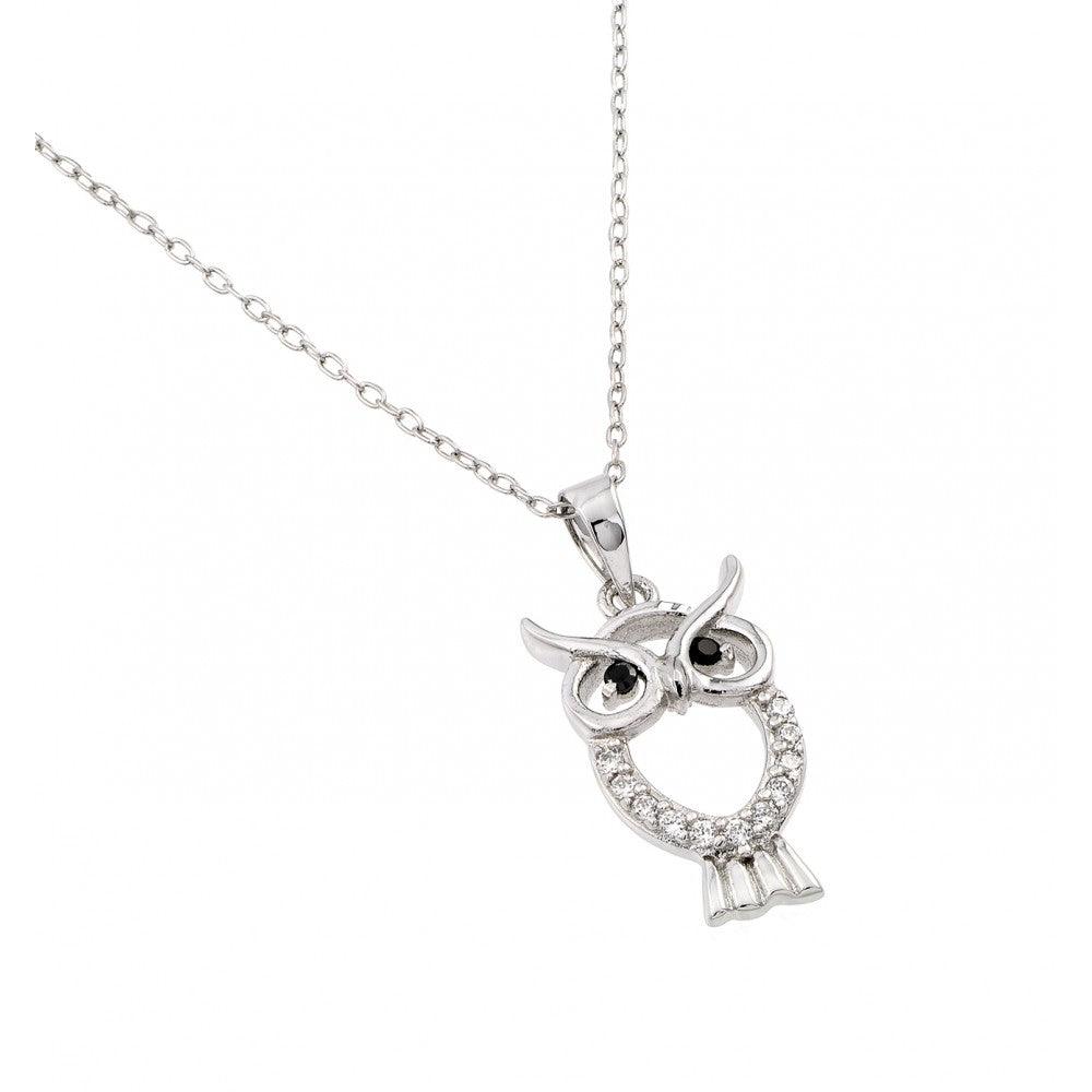 Silver 925 Rhodium Plated Owl Pendant with CZ - BGP00989