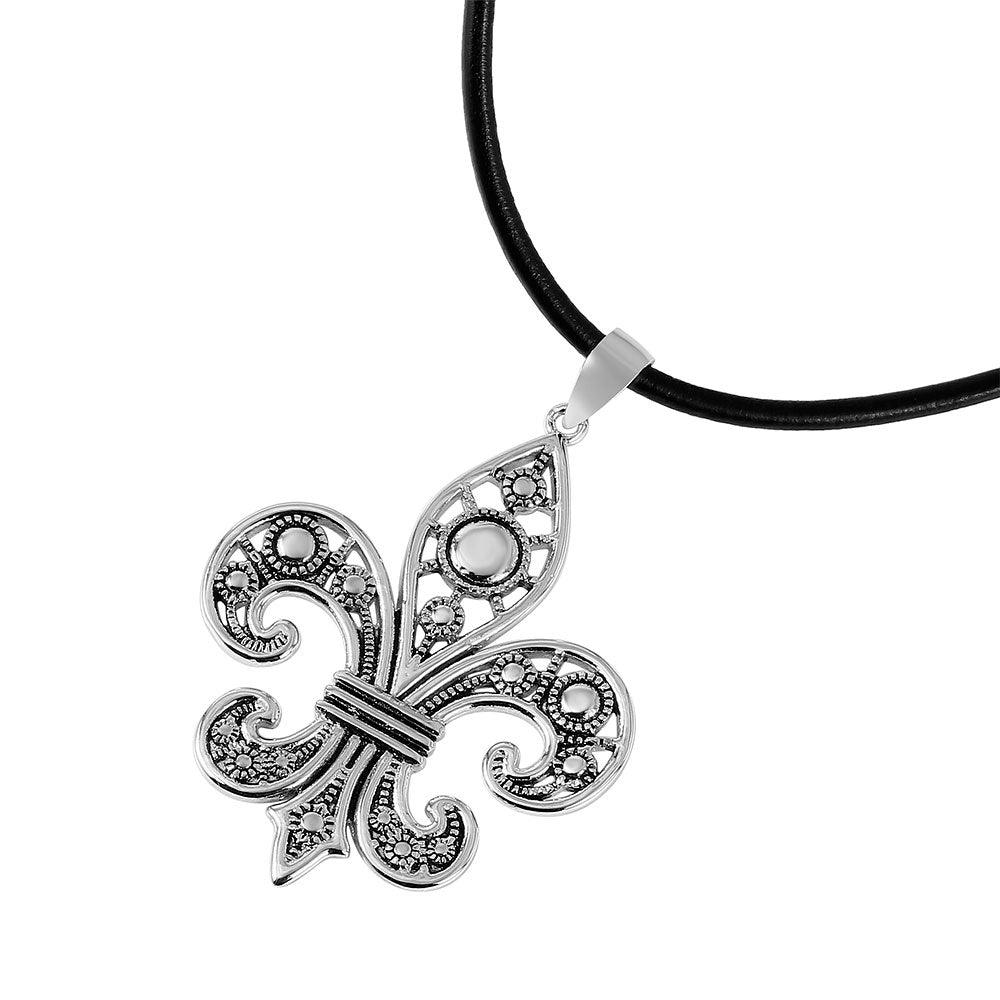 Silver 925 Rhodium Plated Feur De Lis Pendant with Leather Cord - BGP00991