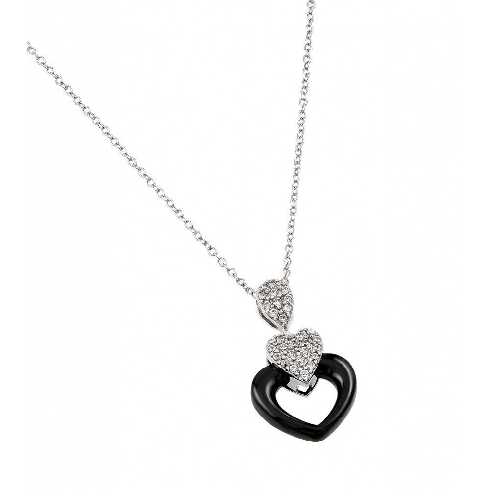 Silver 925 Rhodium Plated Heart Black Enamel Pendant - BGP00995