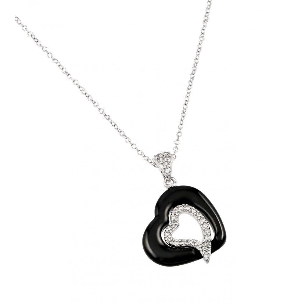 Silver 925 Rhodium Plated Heart Black Enamel Pendant - BGP00996