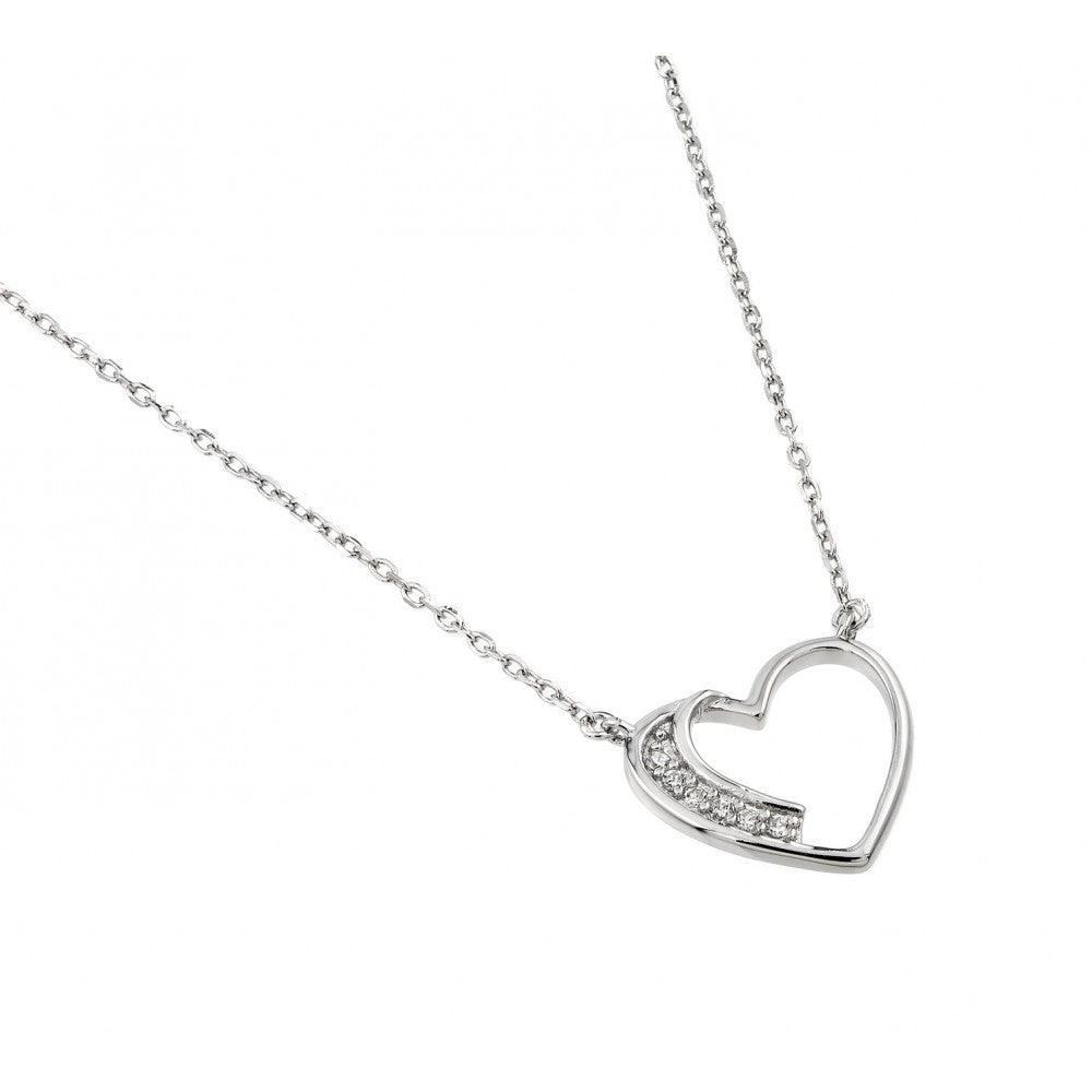 Silver 925 Rhodium Plated CZ Heart Necklace - BGP01003