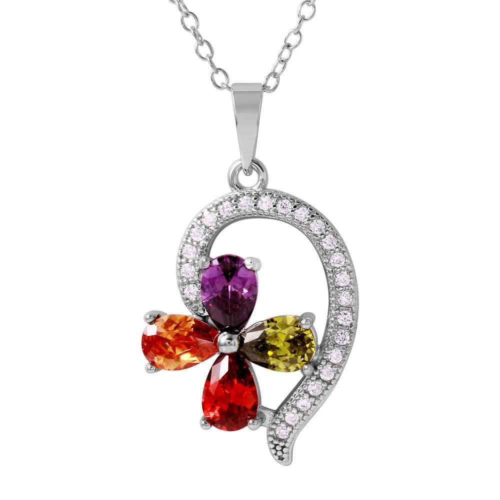 Silver 925 Rhodium Plated Multi-Color CZ Flower Shaped Pendant - BGP01031