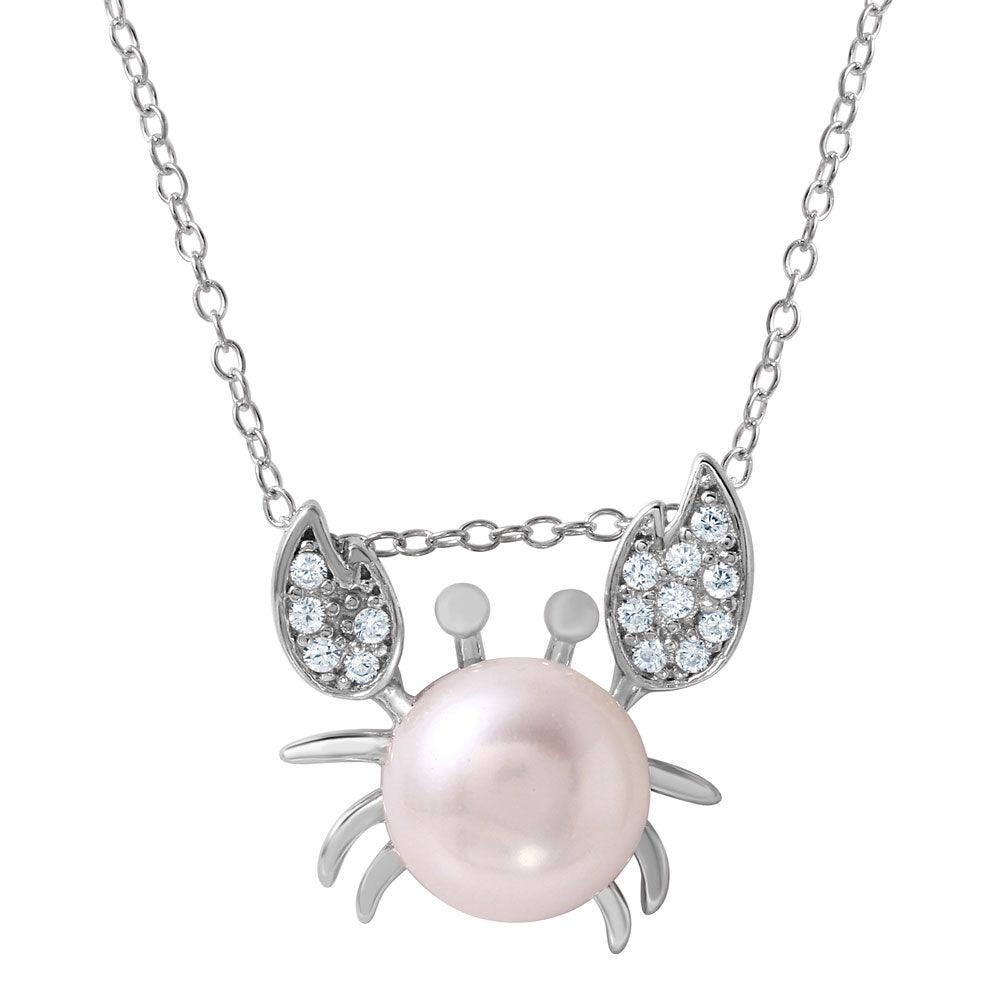 Silver 925  Rhodium Plated CZ Crab Shaped Pendant with Fresh Water Pearl - BGP01033