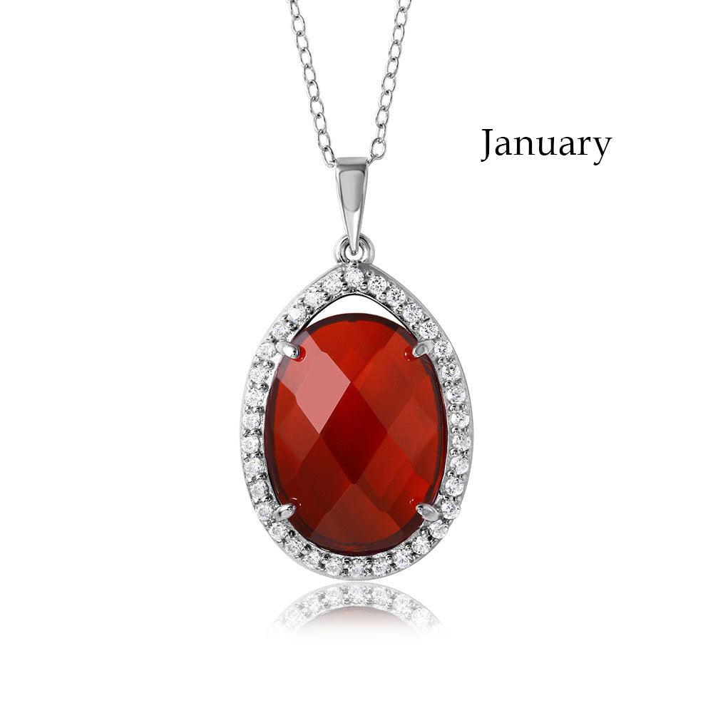 Rhodium Plated 925 Sterling Silver Oval CZ January Birthstone Necklace - BGP01034JAN