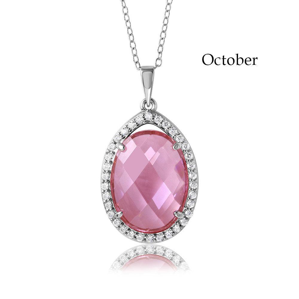 Rhodium Plated 925 Sterling Silver Oval CZ October Birthstone Necklace - BGP01034OCT