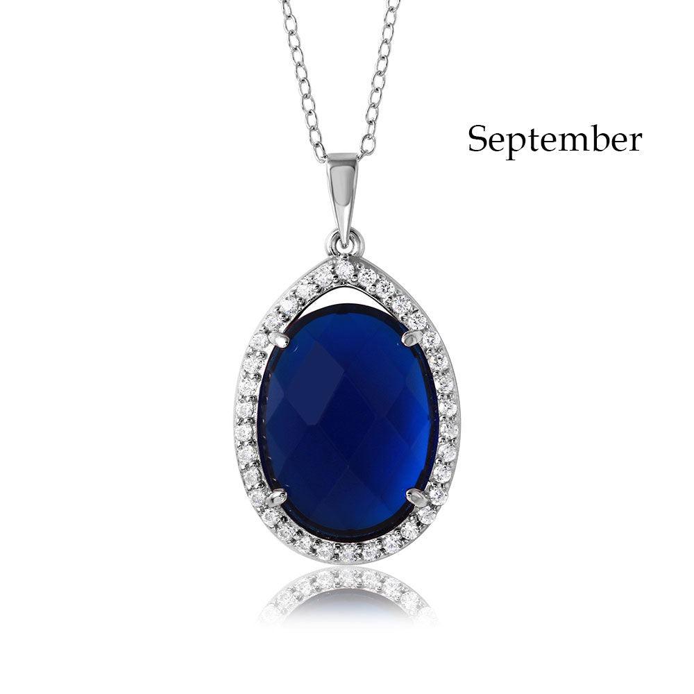 Rhodium Plated 925 Sterling Silver Oval CZ September Birthstone Necklace - BGP01034SEP