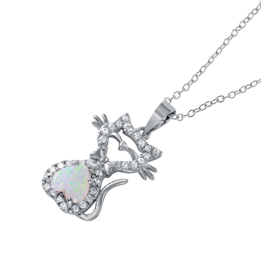 Silver 925 Rhodium Plated Heart Opal Kitty Pendant Necklace - BGP01042