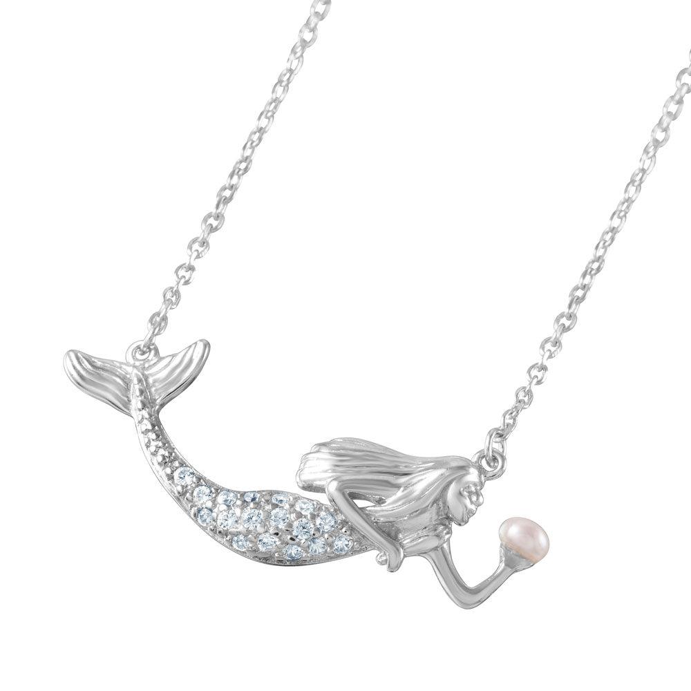 Silver 925 Rhodium Plated Clear CZ and Pearl Mermaid Necklace - BGP01046