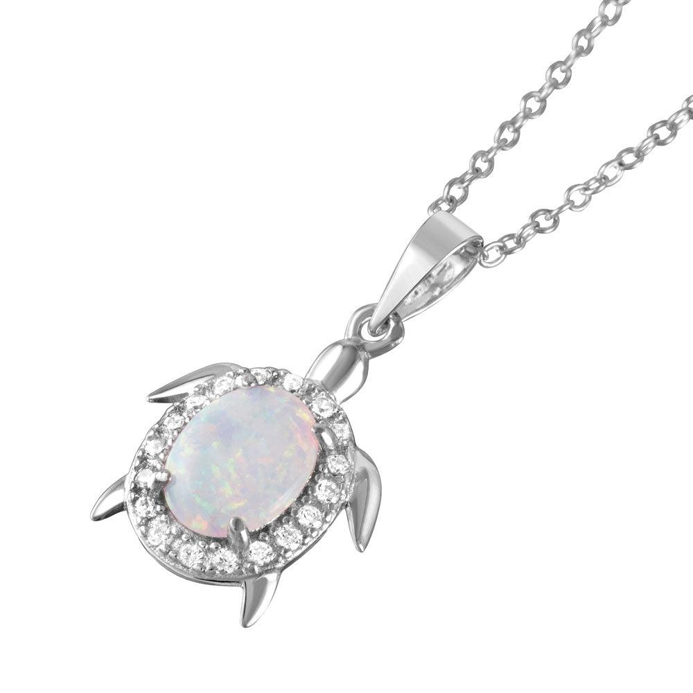 Silver 925 Rhodium Plated Oval Opal Clear CZ Tiny Turtle Pendant Necklace - BGP01048