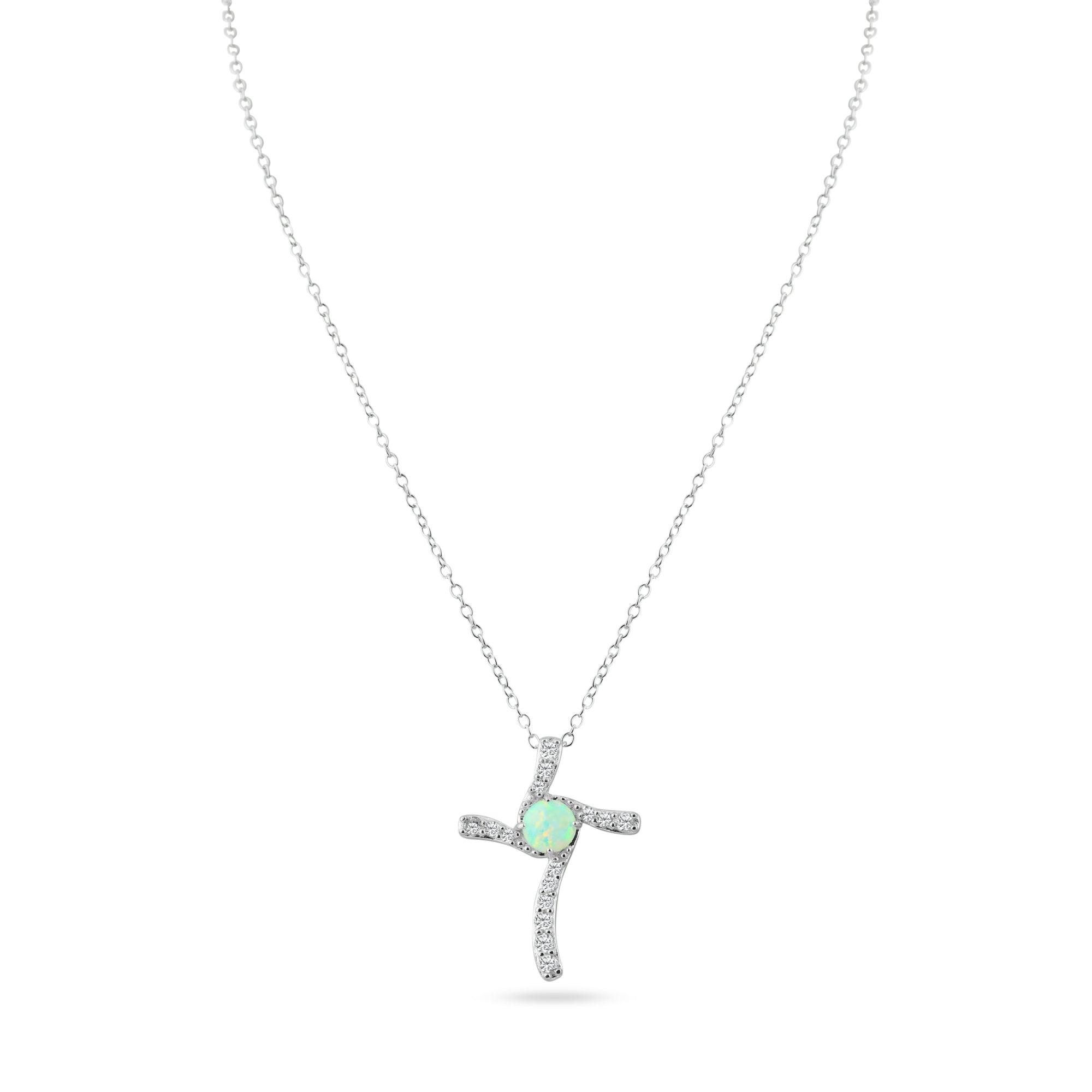 Silver 925 Rhodium Plated Round Opal Clear CZ Cross Pendant Necklace - BGP01051