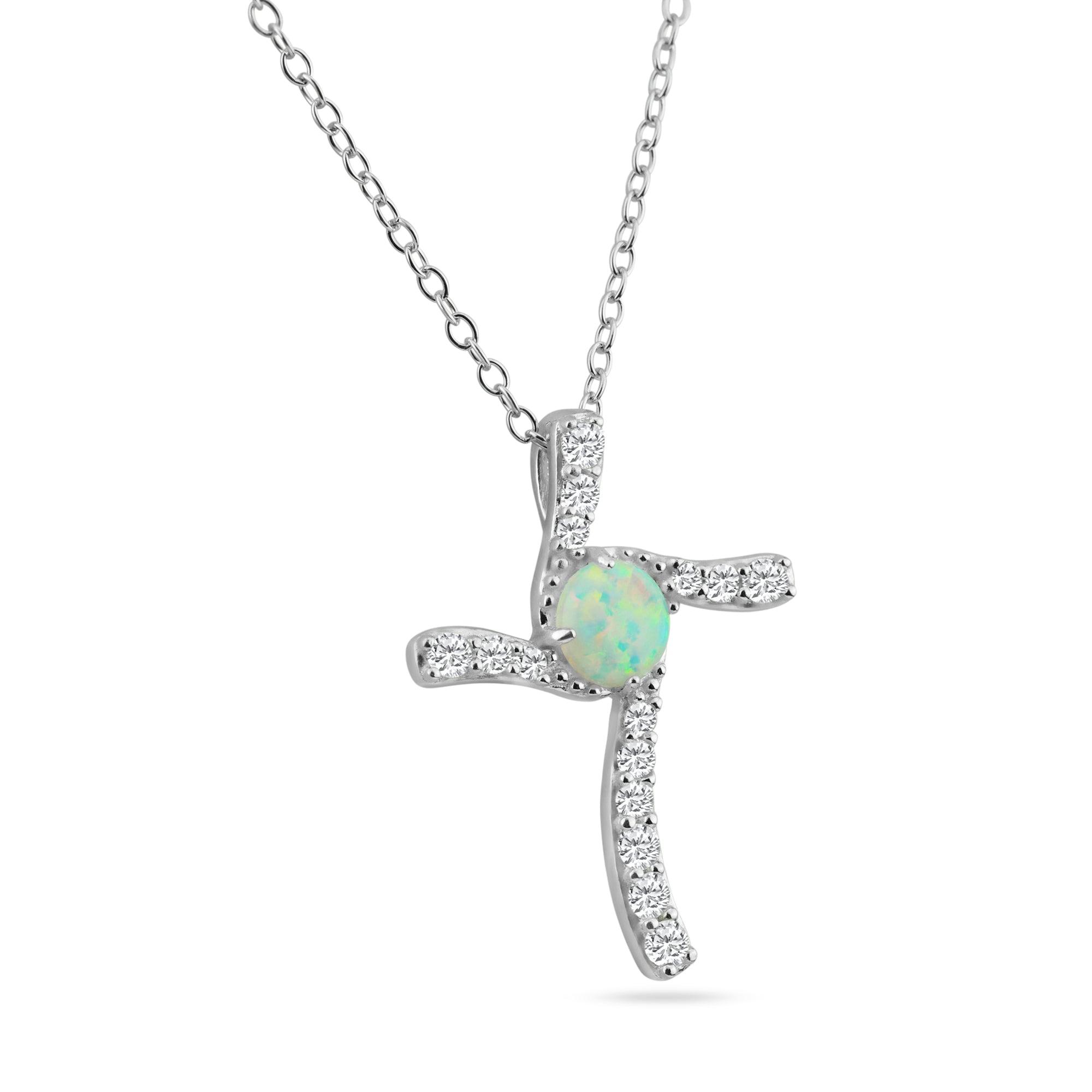 Silver 925 Rhodium Plated Round Opal Clear CZ Cross Pendant Necklace - BGP01051