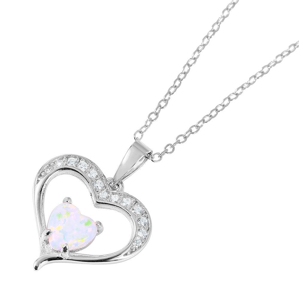 Silver 925 Nickel Free Rhodium Plated Open Heart with CZ and Synthetic Opal Necklace - BGP01053