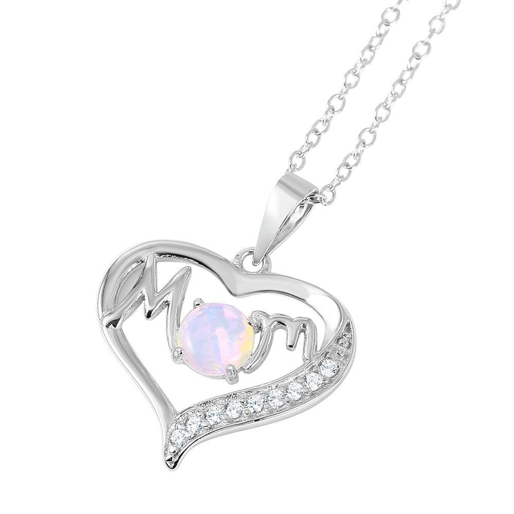 Silver 925 Rhodium Plated Open Heart Mom Opal and CZ Necklace - BGP01054