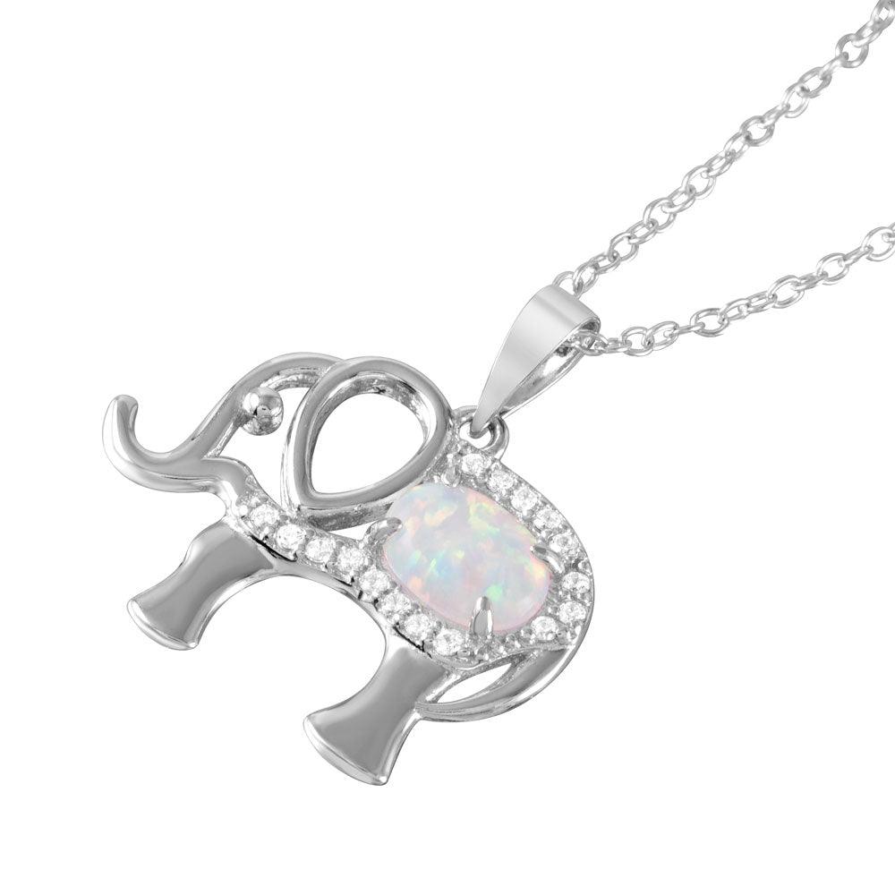 Silver 925 Rhodium Plated Opal Clear CZ Elephant Pendant Necklace - BGP01056